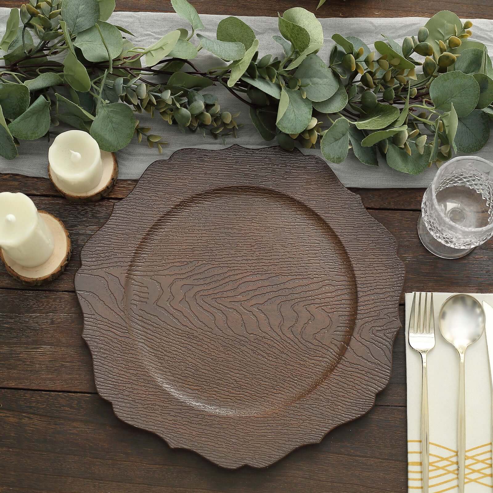 6-Pack Acrylic Charger Plates 13" Round Rustic Brown with Wood Grain Scalloped Rim - Dinner Charger Tableware